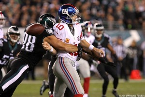 Eagles linebacker Connor Barwin Gets one of his three sacks of Eli Manning in the Birds 27-0 win over the New York Giants at Lincoln Financial Field Sunday Night. Photo by Webster Riddick. 